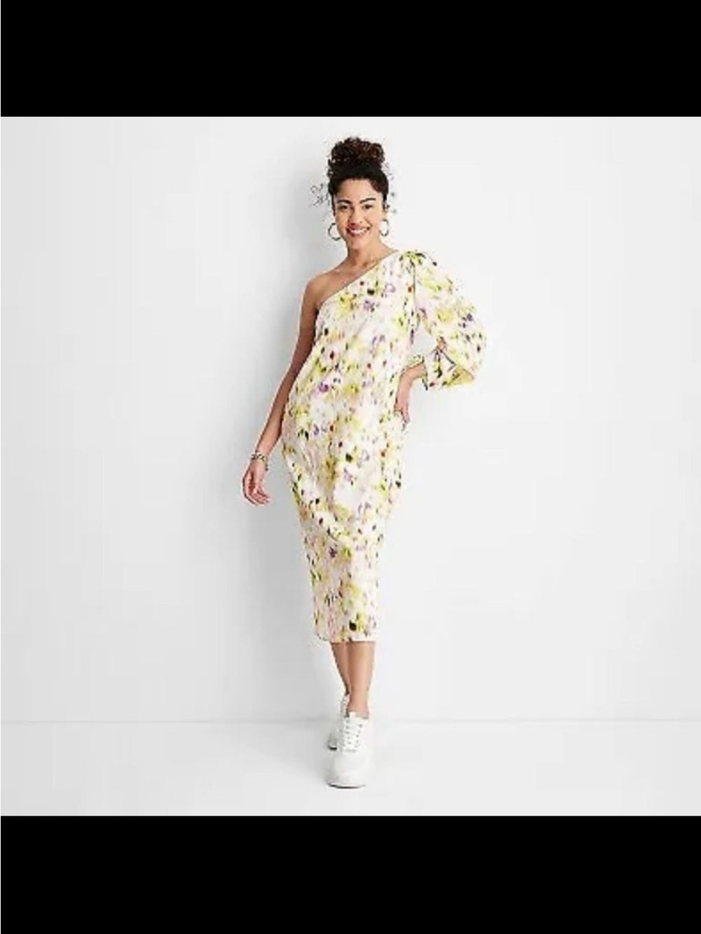 Future Collective Linen Blend Midi/Maxi Dress Sz M Floral One Shoulder